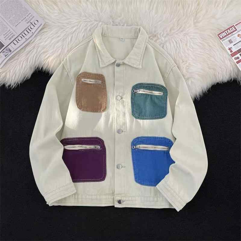 ジャケット 男性用 アメリカンレトロ 配色ステッチ ポケット デニム アウター 春秋 ストリート ゆった..