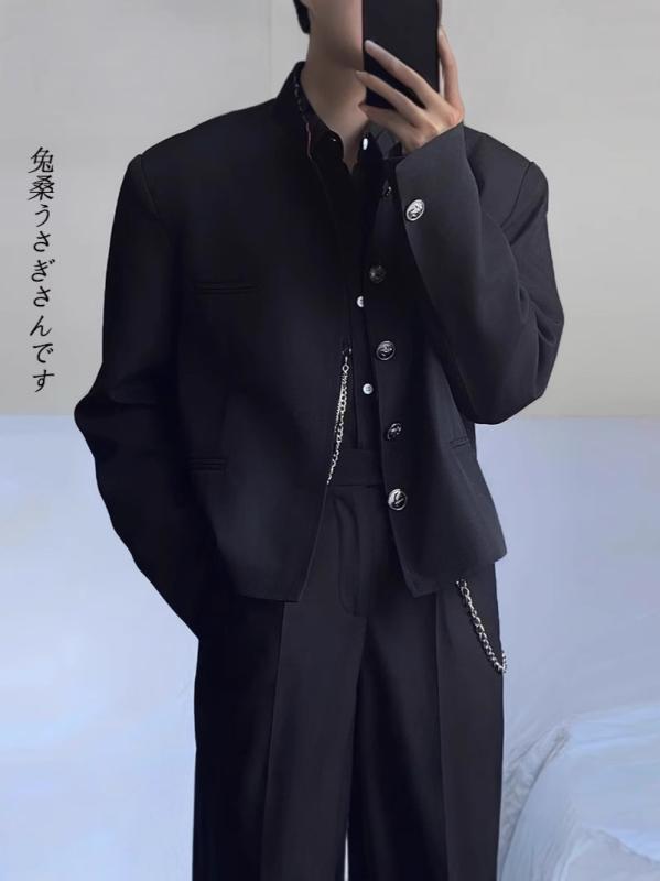 ジャケット メンズ 男性用 制服 立襟 短め丈 ブレザー 詰襟 黒 ブラック 無地 レトロ 春秋