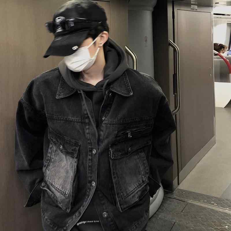 ジャケット メンズ 男性用 レトロ ワーク ブラック デニム ショート アウター 春秋 翻襟 綿混紡