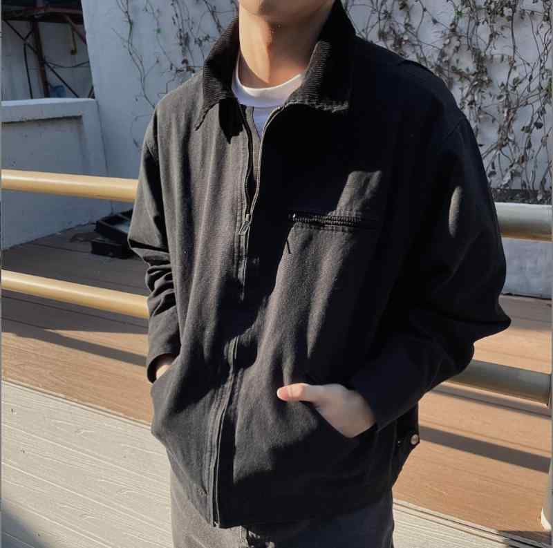 ジャケット メンズ 男性用 春秋物 コットン ワークジャケット 配色 切り替え 襟付き アウター トップス カジュアル 黒 ブラック ブラウン系