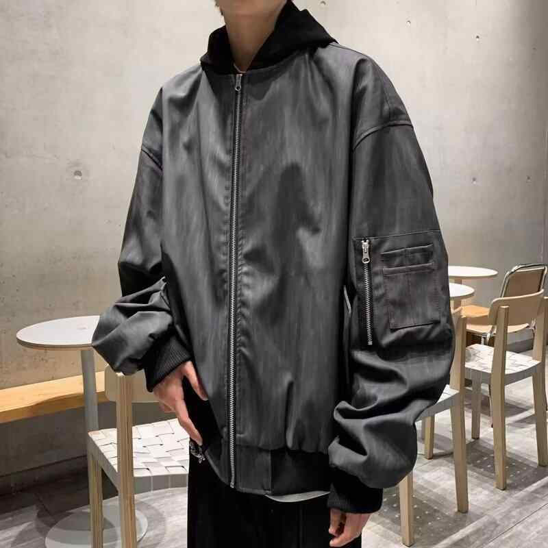 ジャケット 男性用 レトロ フェイクレイヤード PUレザー ゆったり ワーク ブラック グレー系 秋