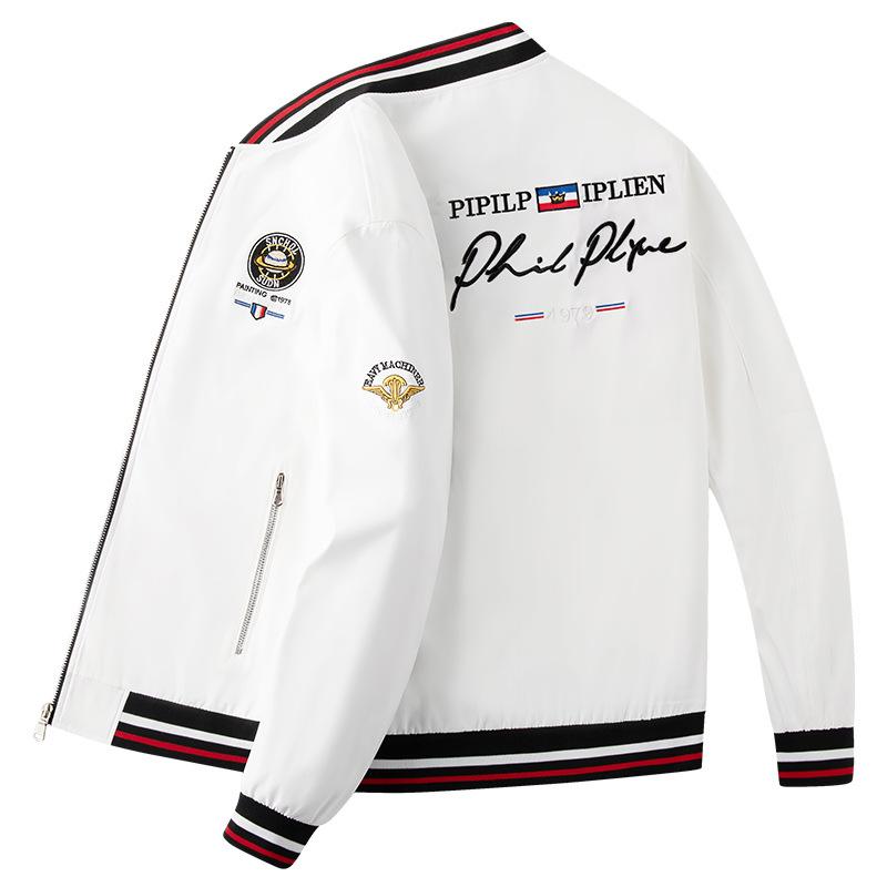 ジャケット 男性用 スタンドカラー ブルゾン 薄手 刺繍 ポリエステル アウター スポーティ カジュアル ..