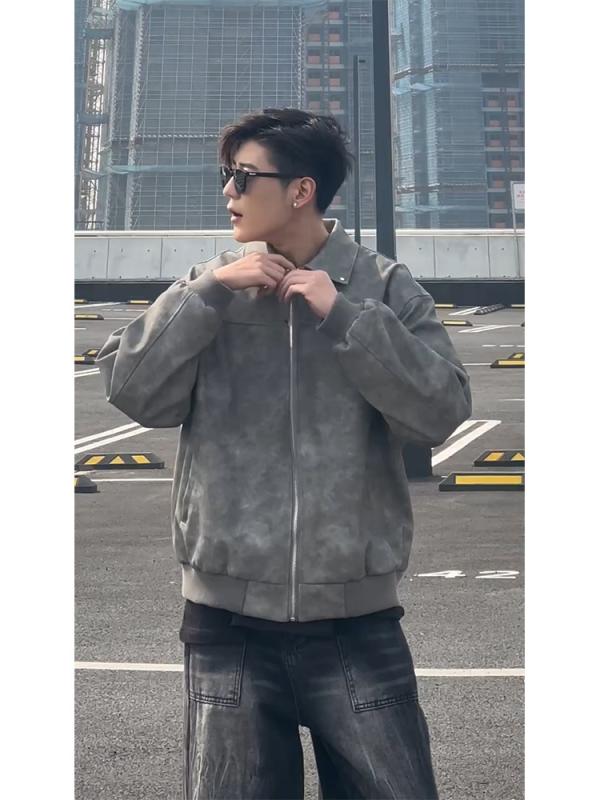 革ジャン メンズ レザージャケット グレー系 ショート丈 MA-1 フライトジャケット風 PUレザー 春秋 カジュアル バイク アウター