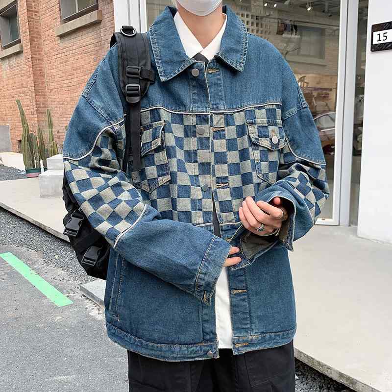 デニムジャケット メンズ 春秋 チェック柄 切り替え ゆったり カジュアル 襟付き ブルゾン ライトアウ..