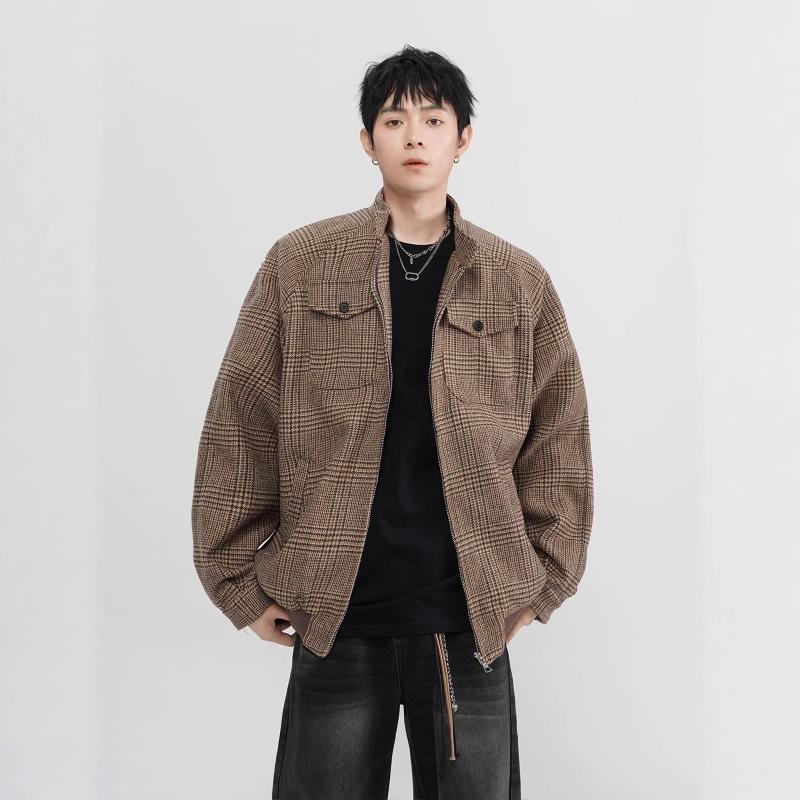 ジャケット 男性用 千鳥格子柄 レトロ ブルゾン スタンドカラー ゆったり ポリエステル サイドポケット カジュアル 秋冬(x2)