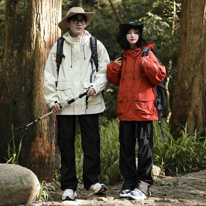 ジャケット メンズ レディース 春秋 防水 防風 フード付き ポリエステル 無地 ブラック カーキ ブラウン グリーン グレー レッド カジュアル アウトドア