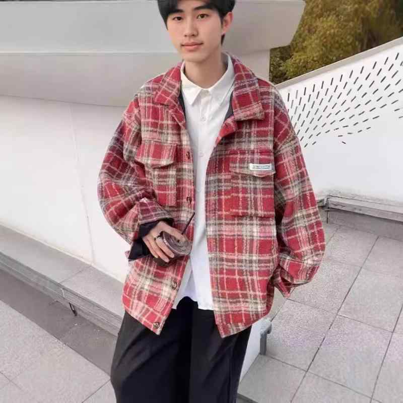 ジャケット メンズ レトロ チェック柄 ワークジャケット 春秋物 ゆったり 襟付き ポリエステル ブラック レッド