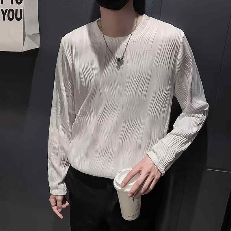 Other - Tシャツ メンズ トップス 長袖 スリム ストライプ 無地 春秋 ポリエステル カジュアル
