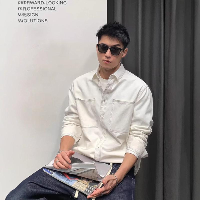シャツ メンズ 長袖シャツ レトロ 格子柄 ポリエステル 開襟シャツ ルーズフィット トップス カジュアルスタイル ホワイト ブルー