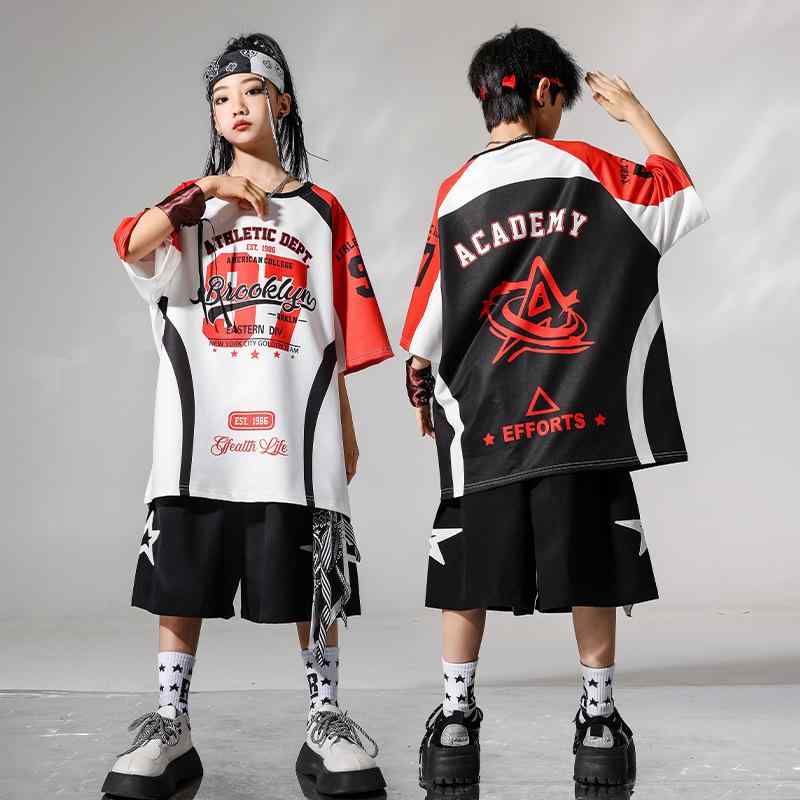 ダンス衣装 キッズ 男の子 女の子 ヒップホップ ダンス 衣装 子供 ストリートダンス 半袖 短パン 練習着 レッスン着 舞台用 演出服 綿 黒 白