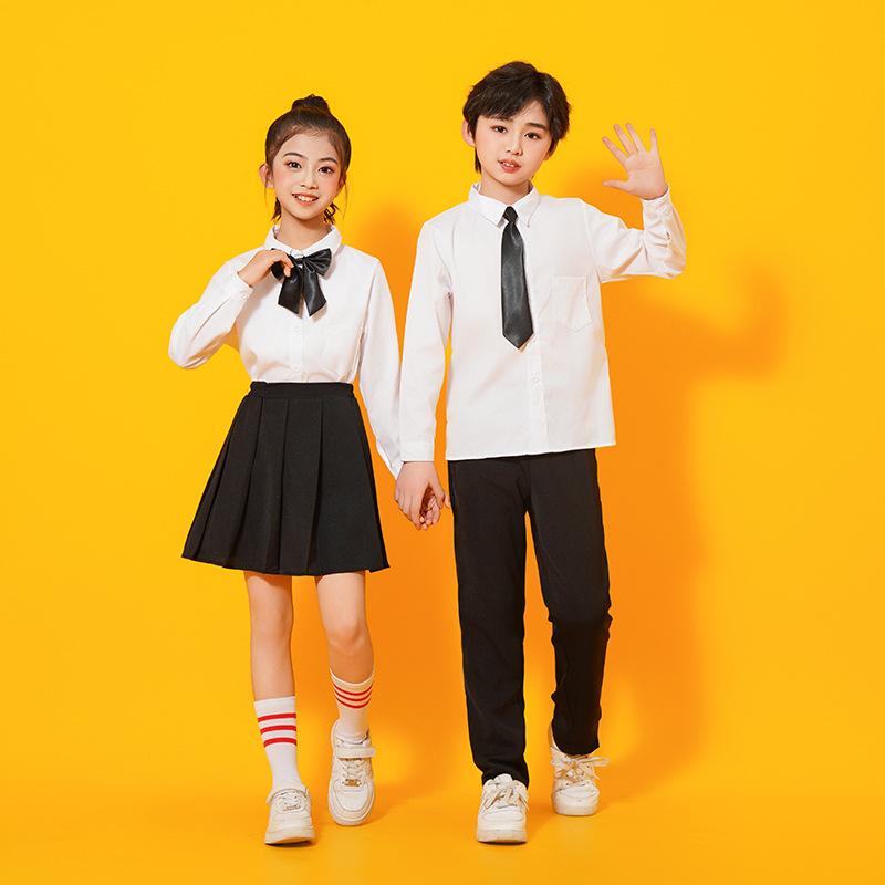 子供用 フォーマル 白シャツ 黒スカート 黒ショートパンツ セットアップ 男女兼用 ポリエステル 中国風 発表会 舞台衣装 半袖 長袖 110cm～190cm
