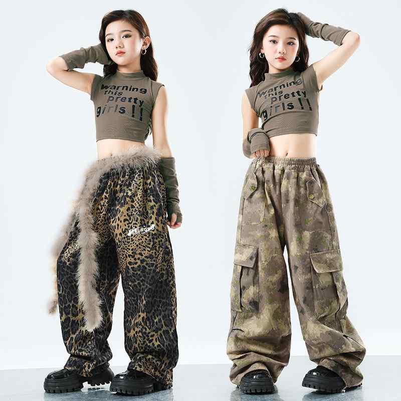 ダンス衣装 キッズ ガールズ ヒップホップ ジャズダンス セットアップ へそ出し トップス 迷彩パンツ 豹柄パンツ スカート付き レッスン着 練習着 舞台衣装 春秋