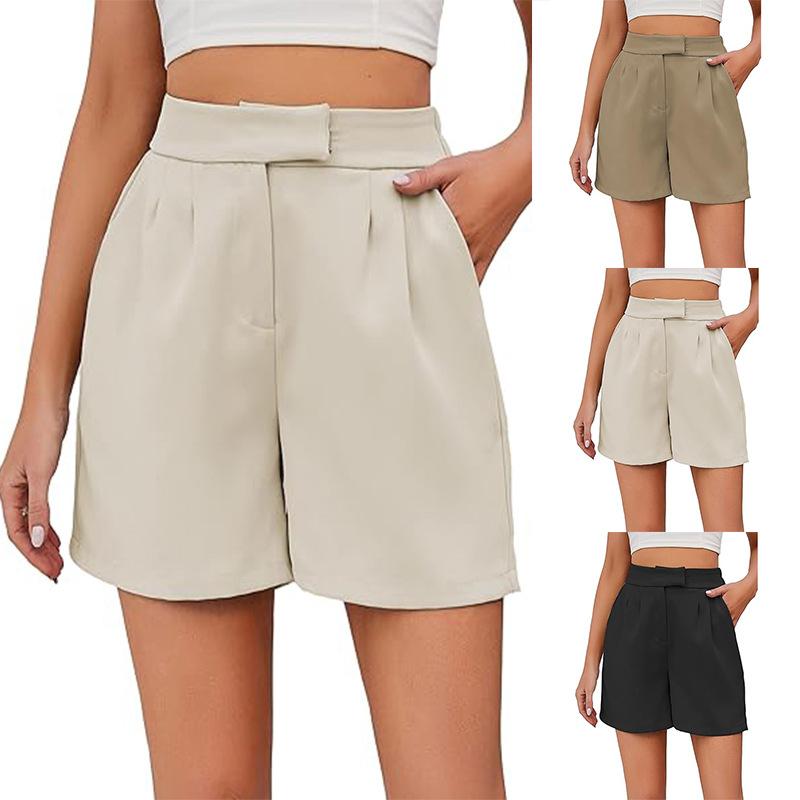 Cropped Pants - パンツ レディース 高腰 ポリエステル テーパード ショートパンツ 無地 薄手 通勤 オフィス カジュアル きれいめ ブラック ベージュ カーキ XS S M L XL