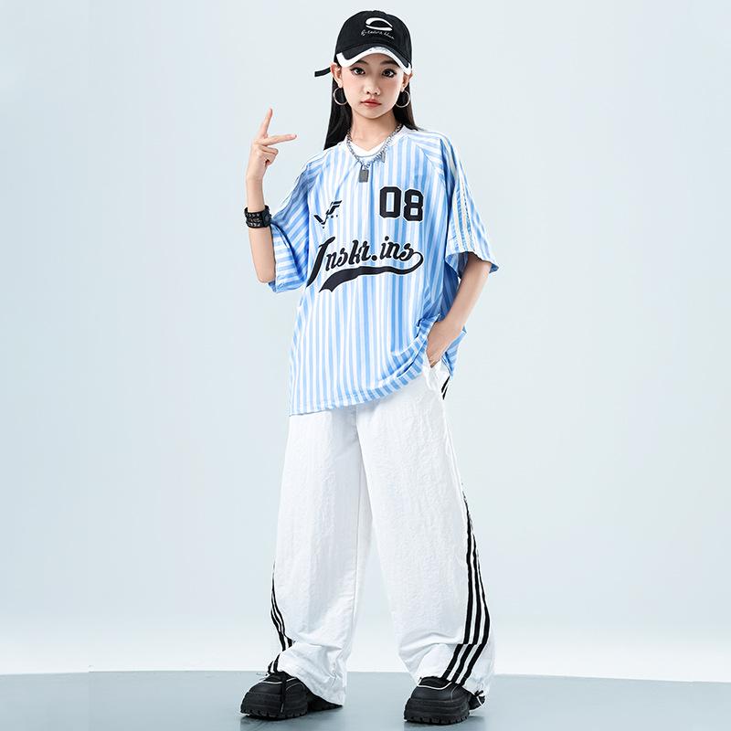 子供用ダンス衣装 キッズ チアリーディング ウェア ヒップホップ ストリートダンス 衣装 上下セット 短パン 長ズボン Tシャツ カットソー 練習着 レッスン着 発表会 イベント スポーツ 運動会 綿 春夏