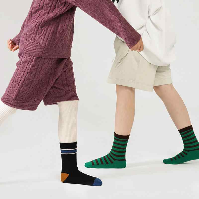 靴下 キッズ 男の子 女の子 冬用 厚手 リブ 編み カラー ブロック ストライプ あったか コットン