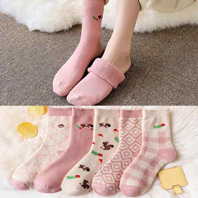 靴下 レディース かわいい ピンク系 松鼠柄 毛混 暖かい 中筒 秋冬(x2)