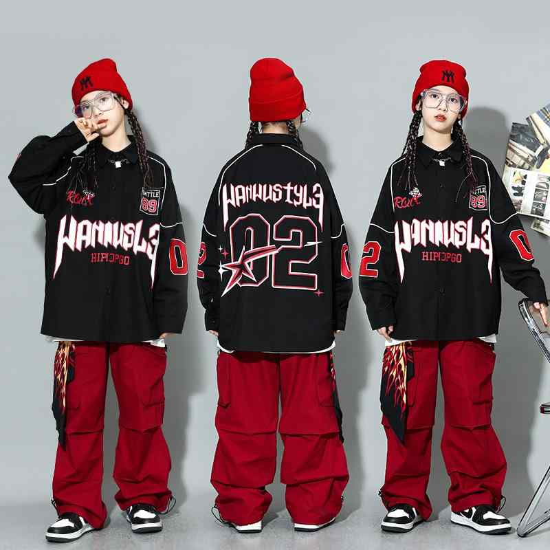 ダンス衣装 キッズ 男女兼用 ヒップホップ ベスト パンツ セットアップ 子供 舞台 演出服 ポリエステル ブラック レッド 帽子付き
