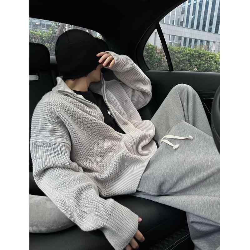 ニット メンズ カーディガン 秋冬 厚手 リブ編み スタンドカラー トップス 長袖 グレー 黒 無地 スポー..