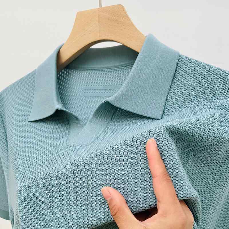 ポロシャツ メンズ 男性用 再生繊維 桑蚕糸混紡 シーガルカラー 半袖 ニット 薄手 無地 黒 白 茶色 パステルカラー 通気性 吸湿速乾 普段使い