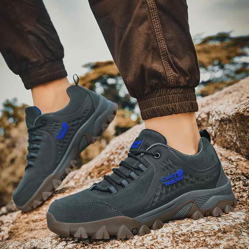 登山靴 メンズ 運動靴 観光用シューズ 柔らかソール 耐摩耗性 衝突防止 レザー カジュアル スポーツ ローカット スニーカー 厚底 牛筋 春夏秋冬 グレー ブルー ブラック ベージュ(4.0)