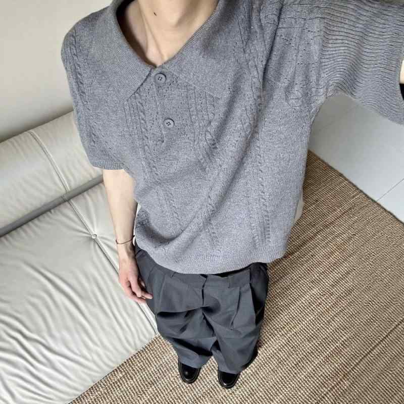 ポロシャツ メンズ 半袖 麦穂柄 ジャカード編み Tシャツ 薄手 トップス ラウンドネック ゆったり グレー 黒 杏色