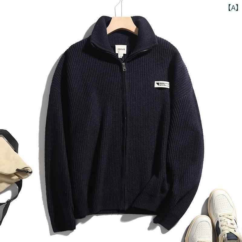 LINEAR shopのニット メンズ カーディガン 厚手 ウール混紡 ワッフル 長袖 トップス スタンドカラー 普段使い 通勤 部屋着 秋冬 紺色 白｜アングル2