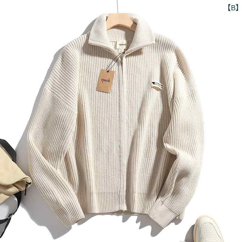 LINEAR shopのニット メンズ カーディガン 厚手 ウール混紡 ワッフル 長袖 トップス スタンドカラー 普段使い 通勤 部屋着 秋冬 紺色 白｜アングル3