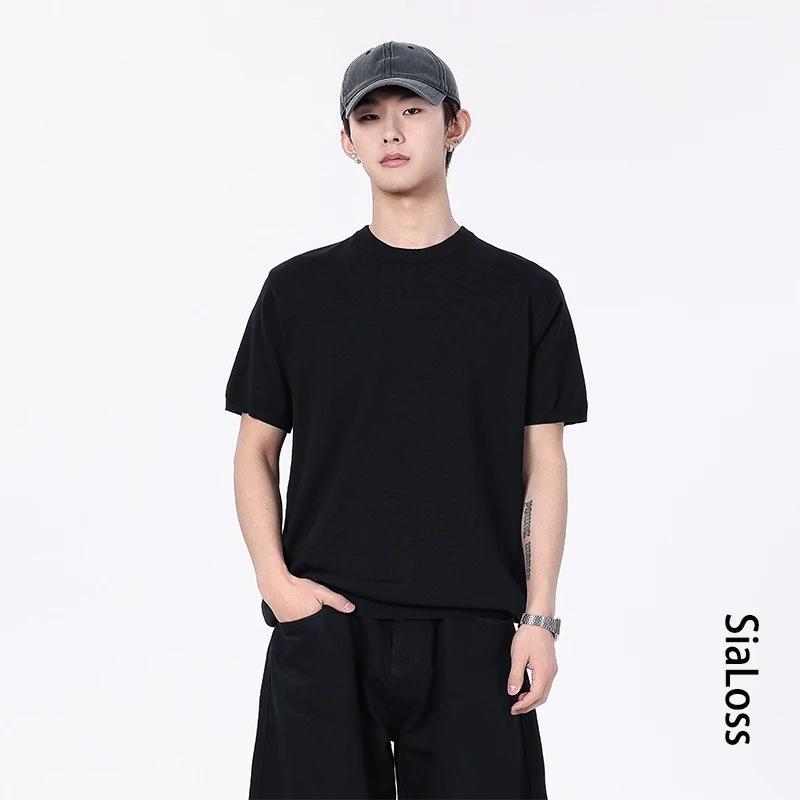 Tシャツ メンズ レトロ ニット トップス 小襟 半袖 ゆったり 普段使い ポリエステル ブラック ホワイト グレー