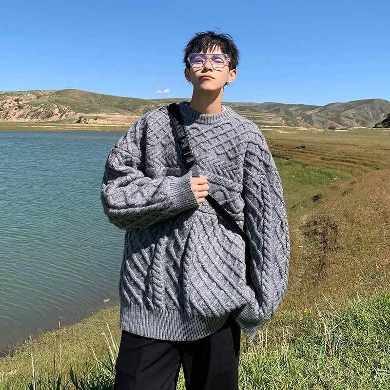 ニット メンズ ニットセーター 秋冬 厚手 ケーブル編み 長袖 トップス ラウンドネック ゆったり リラックス カジュアル ストリート 黒 ブラック グレー ポリエステル