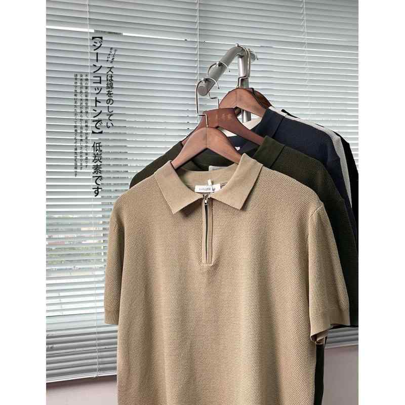 ポロシャツ メンズ 男性用 ニット 襟付き ハーフジップ 半袖 スリム Tシャツ カットソー トップス 30代 40代 50代 紳士 ビジネス カジュアル 無地 ポリエステル オフホワイト ブラック グレー グリーン