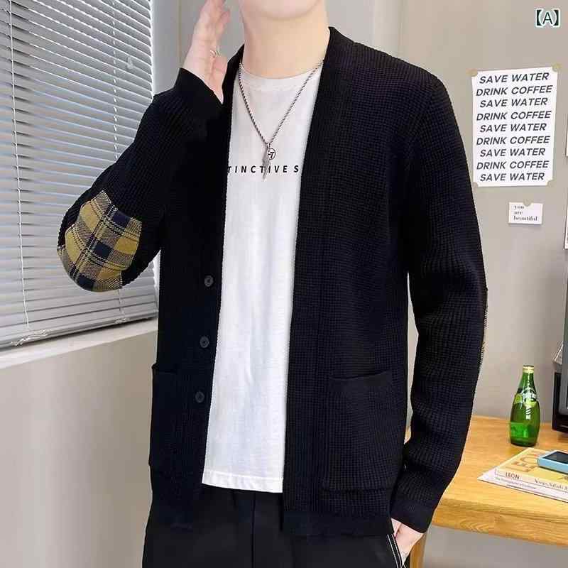 ニット カーディガン メンズ Vネック ニットセーター ライトアウター 春秋 日系 カジュアル ゆったり ブラック