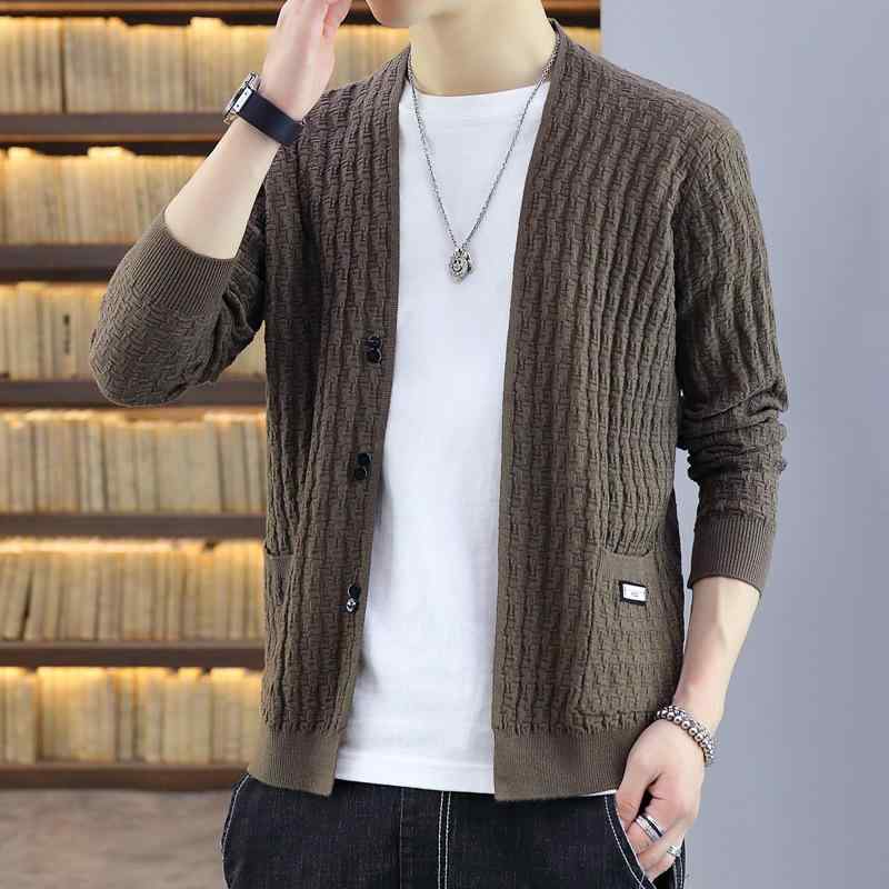 ニット メンズ カーディガン 秋冬 コットン 混紡 スポーツ ウェア ゆったり ブラック コーヒー色