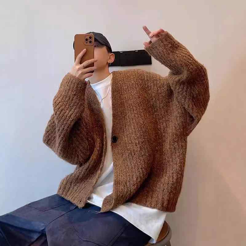 ニットカーディガン メンズ 秋冬 Vネック 厚手 混色 粗編み ショート丈 ルーズフィット ニットセーター..