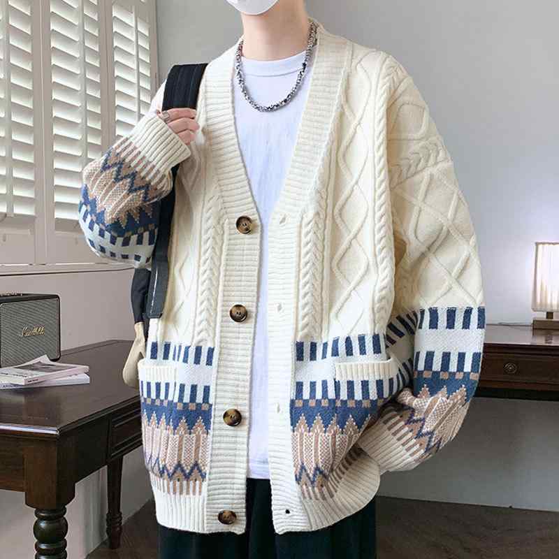 カーディガン メンズ Vネック ニットカーディガン 秋冬 ざっくり ケーブル編み ルーズフィット カジュアル トップス モノトーンカラー