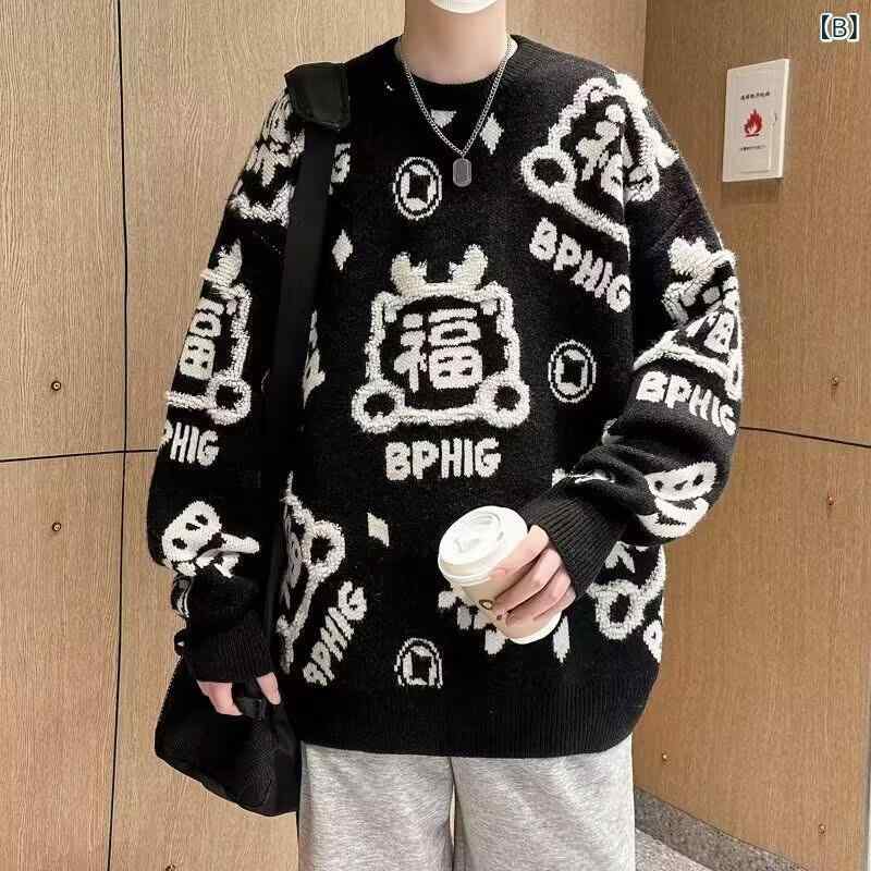 ニット メンズ 福 カーディガン 赤 暖か セーター ゆったり トップス ライン 普段使い 韓国 秋冬