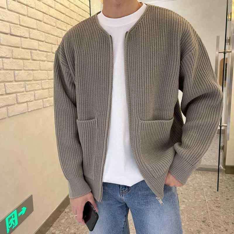 ニットカーディガン メンズ 秋冬 宽松 無地 長袖 丸首 トップス カットソー カジュアルスタイル 普段使い 部屋着 深藍色 グレー 杏色 カーキ ブラック