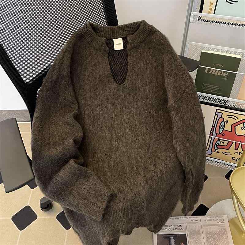 ニット メンズ Vネック プルオーバー 秋冬 暖かい 防寒 トップス グレー ブラウン系