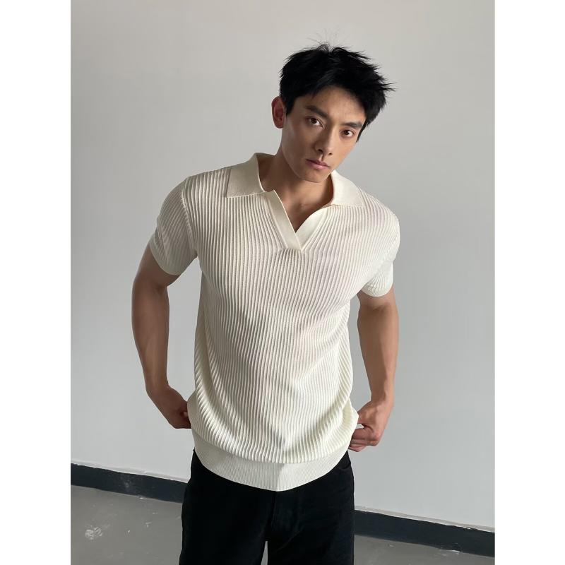 ポロシャツ メンズ Vネック 半袖 ニット スリム ビジネス 紳士 スタイル ストライプ 接触冷感 通気性 ..