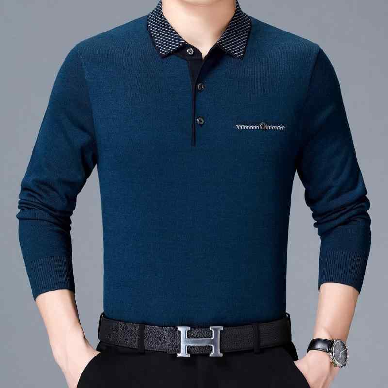 Tシャツ メンズ 男性用 ニット トップス 長袖 襟付き 無地 プルオーバー シニア 春秋 ポリエステル 混紡 レッド グレー キャメル ブラック系 グリーン系