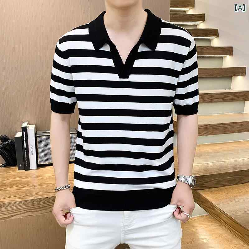 Tシャツ メンズ 接触冷感 ニット 半袖 ストライプ 襟付き 薄手 スタイリッシュ カットソー トップス 白 黒 果物グリーン グリーン