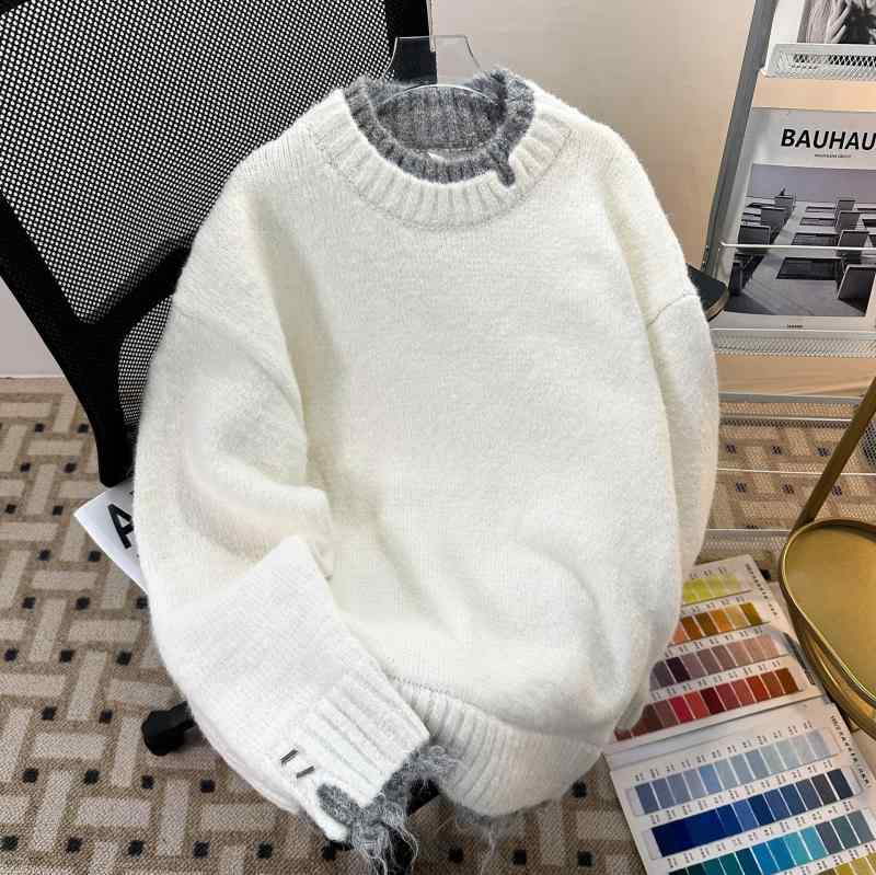 ニット メンズ ニットカーディガン 秋冬 長袖 ルーズフィット クルーネック プルオーバー 普段使い トップス ホワイト ポリエステル