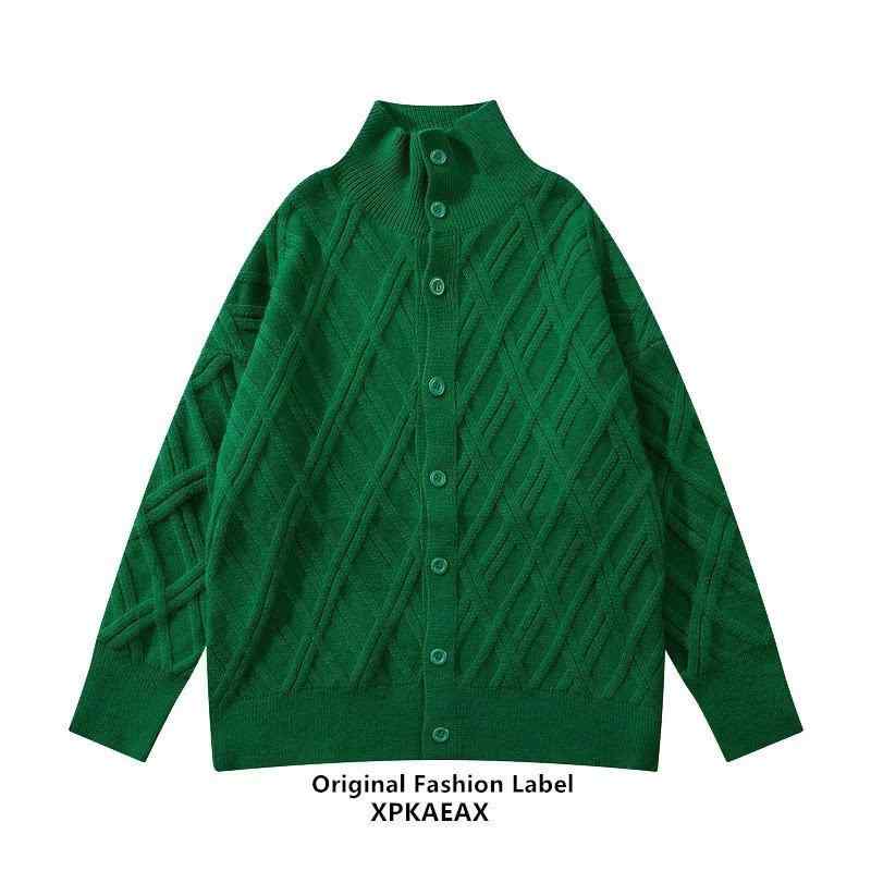 ニットカーディガン メンズ 長袖 ハーフハイネック タータンチェック柄 ゆったりサイズ トップス 秋冬 ホワイト ブラック グリーン