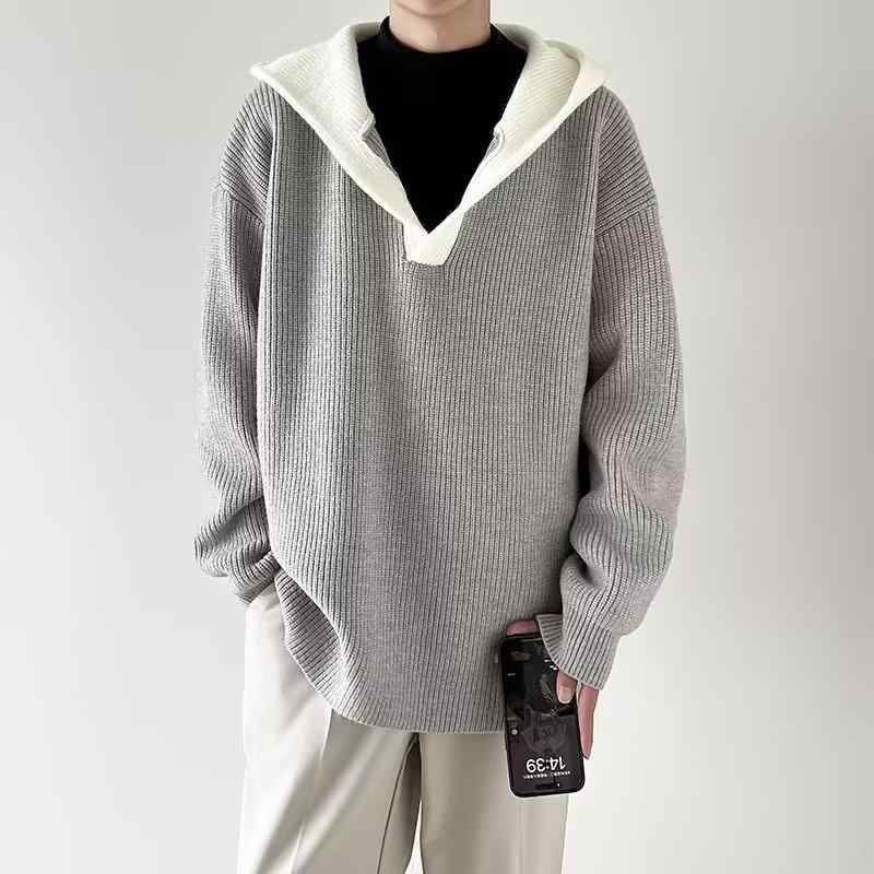 ニット メンズ 秋冬 厚手 韓国 ゆったり 長袖 Vネック セーター トップス 普段使い