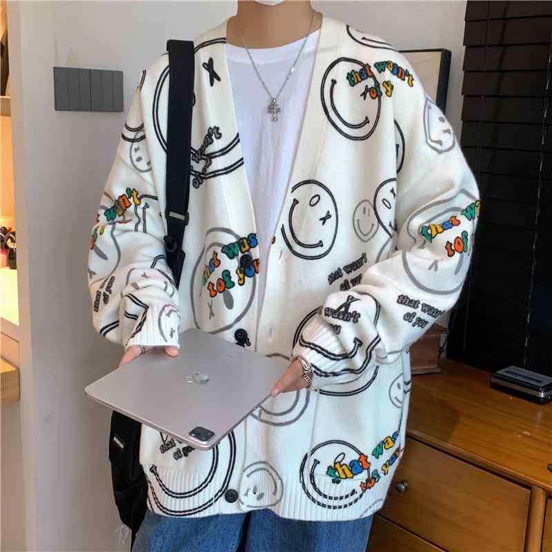 カーディガン メンズ Vネック ニットカーディガン 春秋 コットン混紡 提花柄 長袖 リラックスフィット カジュアル 韓国