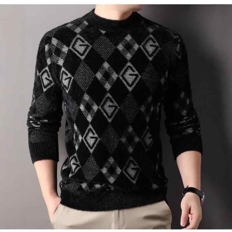 Knit Sweater - ニット メンズ ニットトップス 長袖 丸首 プルオーバー 秋冬 裏起毛 暖かい 防寒 グレー イエロー レッド 伸縮性 カジュアル 普段使い(x2)