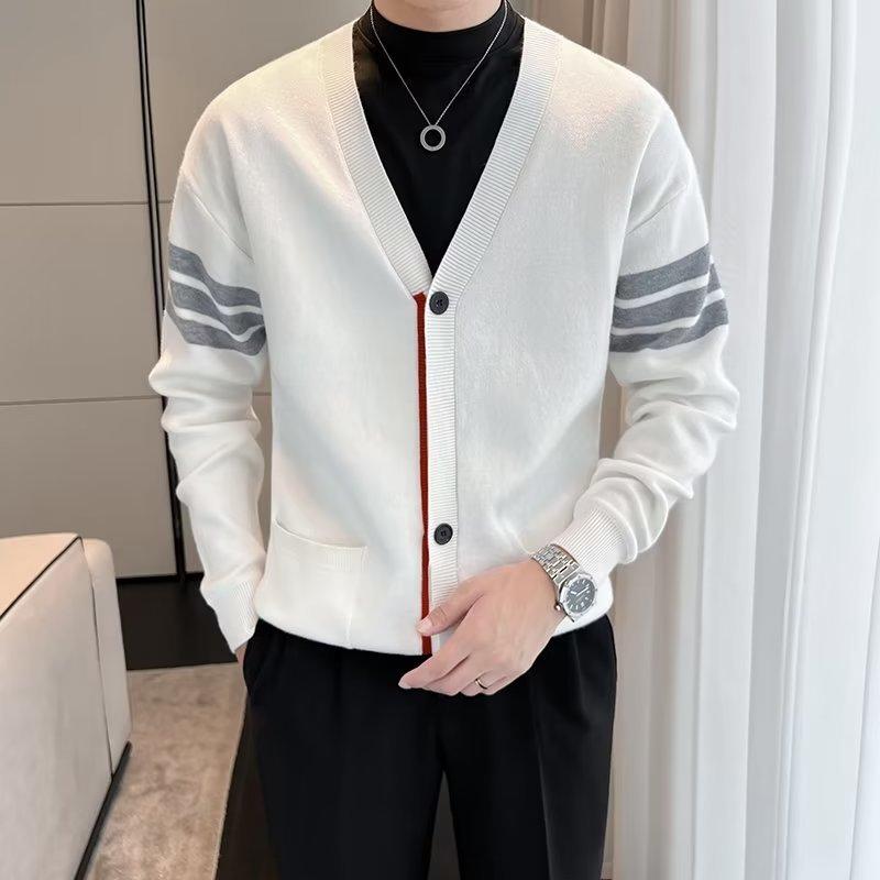 ニット カーディガン メンズ 長袖 ウール Vネック 秋冬 厚手 トップス カットソー 羽織り 部屋着 普段使い グレー ブラック ホワイト