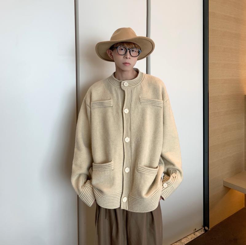 ニットカーディガン メンズ 秋冬 厚手 ニット トップス 長袖 ルーズフィット 立襟 ポリエステル 杏色 グリーン ブラック