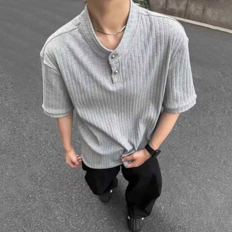 ポロシャツ メンズ 半袖 美品 杢グレー 接触冷感 ポリエステル ニット ヘンリーネック レトロ風 ボックスシルエット カジュアル