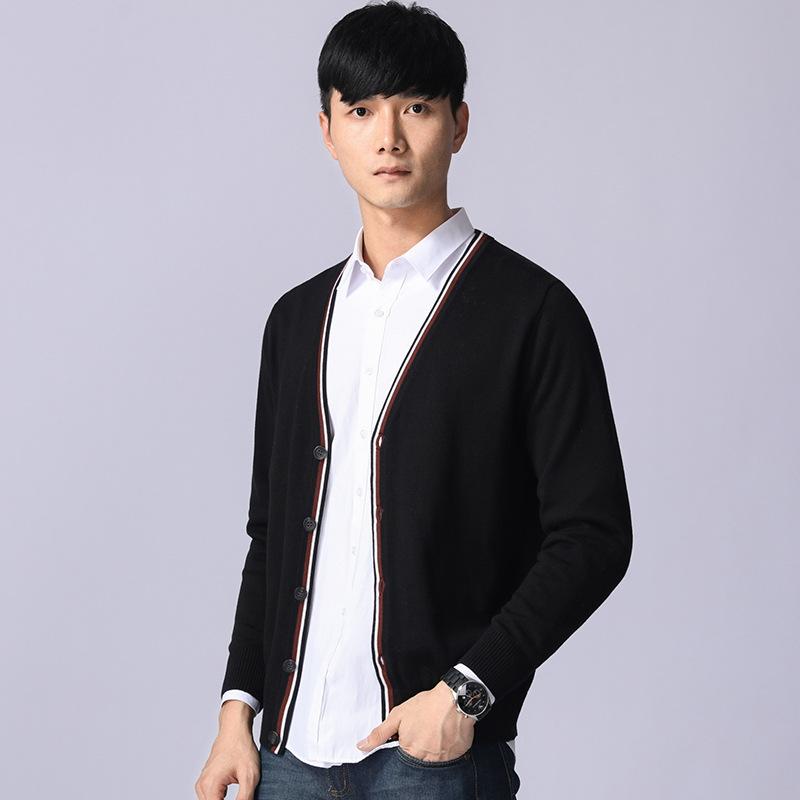カーディガン メンズ ニット Vネック 長袖 リブ 切り替え 配色 コットン スリム 薄手 若者 男性用 トップス 秋冬 ブラック グレー ブルー