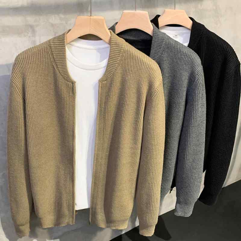 ニット カーディガン メンズ 韓国 ダブルジップ 長袖 ニットアウター ライトアウター 羽織り 秋 普段使い カジュアル スタイル 黒 ブラック カーキ グレー